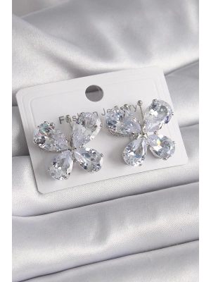 Pirinç Gümüş Renk Zirkon Taşlı Kelebek Model Kadın Küpe