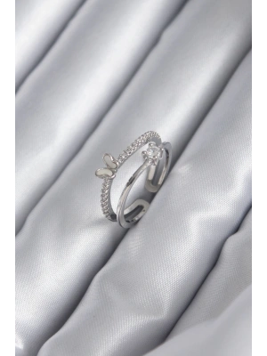 Pirinç Gümüş Renk Zirkon Taşlı Kelebek Model Kadın Yüzük