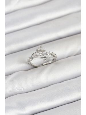 Pirinç Gümüş Renk Zirkon Taşlı Kelebek Model Kadın Yüzük