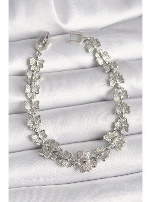 Pirinç Gümüş Renk Zirkon Taşlı Kelebek Model Zincir Kadın Bileklik