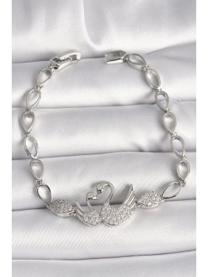 Pirinç Gümüş Renk Zirkon Taşlı Kuğu Figür Damla Zincir Model Kadın Bileklik