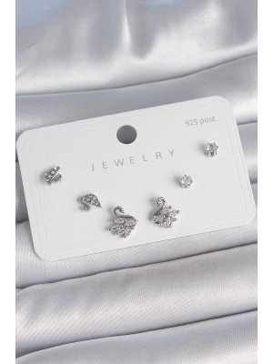 Pirinç Gümüş Renk Zirkon Taşlı Kuğu Model 925 Ayar Gümüş Çivi Kadın Küpe Seti