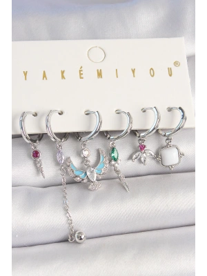 Pirinç Gümüş Renk Zirkon Taşlı Kuş Figür Çiçek Detay 6Lı Kadın Kombin Küpe