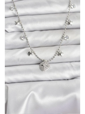 Pirinç Gümüş Renk Zirkon Taşlı Kutup Yıldızı Model Kadın Kolye