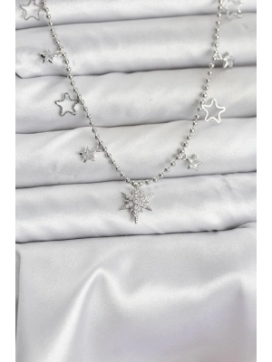 Pirinç Gümüş Renk Zirkon Taşlı Kutup Yıldızı Model Kadın Kolye