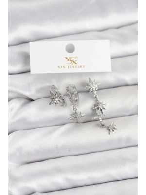 Pirinç Gümüş Renk Zirkon Taşlı Kutup Yıldızı Model YSX Trio Küpe Seti
