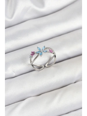 Pirinç Gümüş Renk Zirkon Taşlı Mavi Çiçekli Kadın Yüzük