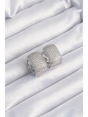 Pirinç Gümüş Renk Zirkon Taşlı Minimal Halka Küpe