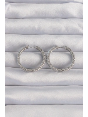 Pirinç Gümüş Renk Zirkon Taşlı Motifli Halka Küpe