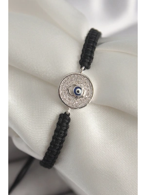 Pirinç Gümüş Renk Zirkon Taşlı Nazar Boncuk İşleme Makrome Asansörlü Model Kadın Bileklik