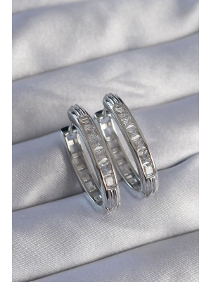 Pirinç Gümüş Renk Zirkon Taşlı Oval Model Küpe