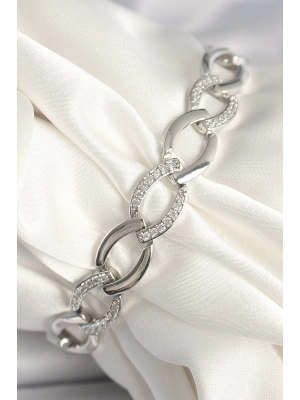 Pirinç Gümüş Renk Zirkon Taşlı Oval Zincir Model Kadın Bileklik