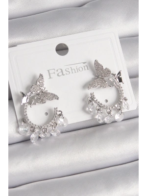 Pirinç Gümüş Renk Zirkon Taşlı Sallantı Detay Kelebek Model Kadın Küpe