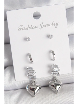 Pirinç Gümüş Renk Zirkon Taşlı Sallantılı Kalp Model Yarım Halka Detay 3 Çfit Kadın Küpe Seti