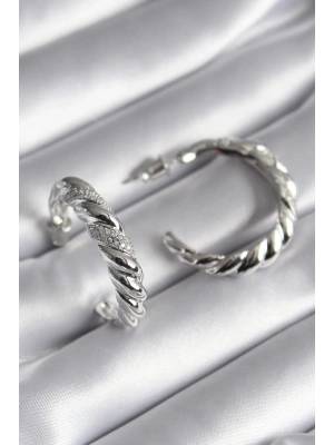 Pirinç Gümüş Renk Zirkon Taşlı Sarmal Model Kadın Küpe