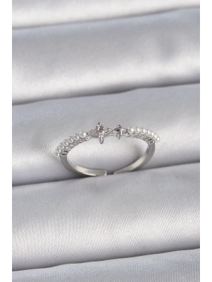 Pirinç Gümüş Renk Zirkon Taşlı Sıralı İnci Ayarlanabilir Model Kadın Yüzük