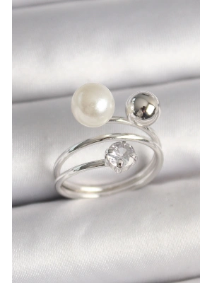 Pirinç Gümüş Renk Zirkon Taşlı Toplu İnci Model Kadın Yüzük