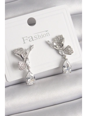 Pirinç Gümüş Renk Zirkon Taşlı Turna Kuşu Model Sallantı Detay Kadın Küpe