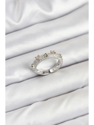 Pirinç Gümüş Renk Zirkon Taşlı Vintage Kadın Yüzük