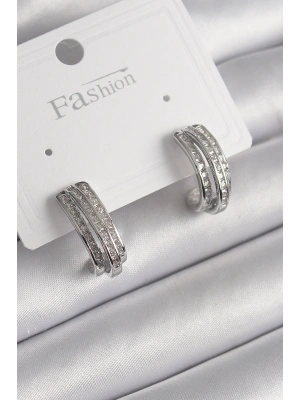 Pirinç Gümüş Renk Zirkon Taşlı Yarım Halka Model Kadın Küpe