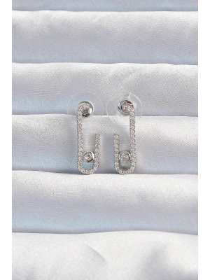 Pirinç Gümüş Renk Zirkon Taşlı Yarım Messika Küpe