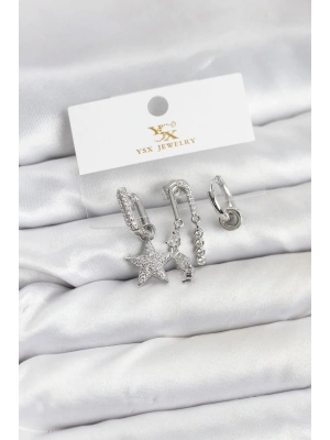 Pirinç Gümüş Renk Zirkon Taşlı Yıldız Vintage Model YSX Trio Küpe Seti