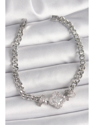 Pirinç Gümüş Renk Zirkon Taşlı Yonca Figür Zincir Model Kadın Bileklik