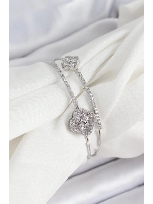 Pirinç Gümüş Renk Zirkon Taşlı Yonca Model 2li Kadın Bileklik