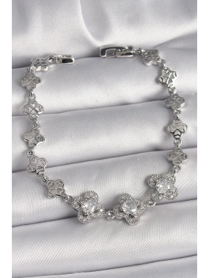 Pirinç Gümüş Renk Zirkon Taşlı Yonca Model Kadın Bileklik