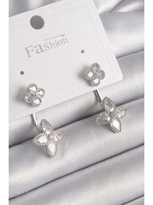 Pirinç Gümüş Renk Zirkon Taşlı Yonca Model Kadın Küpe