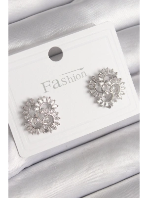 Pirinç Gümüş Renk Zirkon Taşlı Yonca Model Kadın Küpe