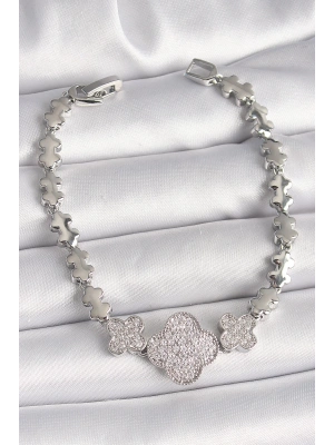 Pirinç Gümüş Renk Zirkon Taşlı Yonca Model Zincir Model Kadın Bileklik