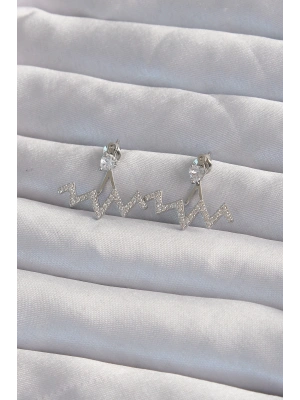 Pirinç Gümüş Renk Zirkon Taşlı Zikzak Küpe