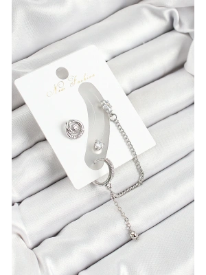 Pirinç Halka Figürlü Zirkon Taşlı Gümüş Renk 3lü Kıkırdak Kadın Küpe Set