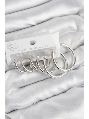 Pirinç Halka Model Gümüş Renk Kadın Set Küpe