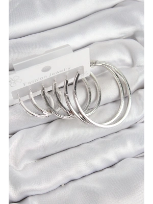 Pirinç Halka Model Gümüş Renk Kadın Set Küpe