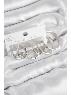 Pirinç Halka Model Gümüş Renk Kadın Set Küpe