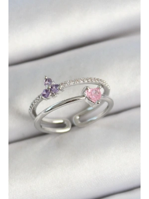 Pirinç Kalp Ve Çiçek Figürlü Zirkon Taşlı Gümüş Renk Ayarlanabilir Kadın Yüzük