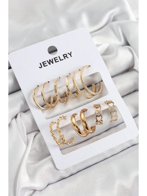 Pirinç Karışık Halka Model Gold Renk 6 Çift Kadın Küpe Set