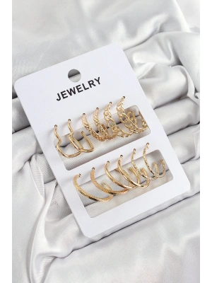 Pirinç Karışık Halka Model Gold Renk 6 Çift Kadın Küpe Set