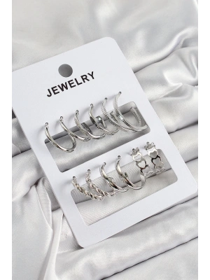 Pirinç Karışık Halka Model Gümüş Renk 6 Çift Kadın Küpe Set