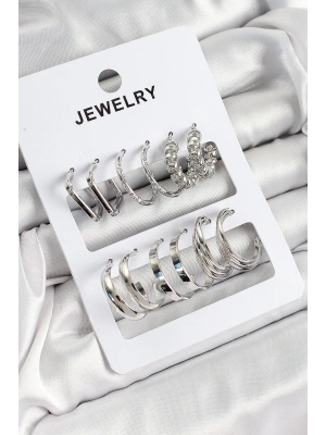 Pirinç Karışık Halka Model Gümüş Renk 6 Çift Kadın Küpe Set