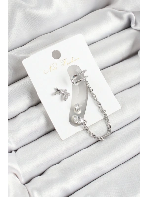 Pirinç Kelebek Figürlü Zirkon Taşlı Gümüş Renk 3lü Kıkırdak Kadın Küpe Set