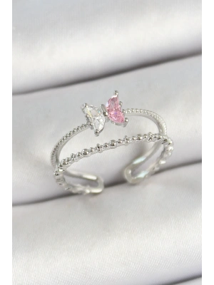 Pirinç Kelebek Figürlü Zirkon Taşlı Gümüş Renk Ayarlanabilir Kadın Yüzük