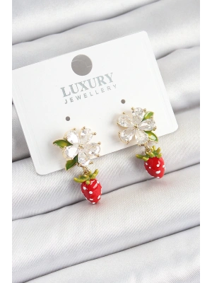 Pirinç Mineli Zirkon Taşlı Çiçek Model Sallantılı Çilek Detaylı Gold Renk Kadın Küpe