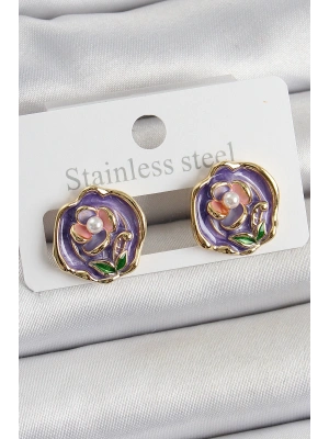 Pirinç Mor Mineli Çiçek Figürlü Sanatsal Portre Model Gold Renk Kadın Küpe