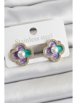 Pirinç Mor Mineli İnci Detaylı Zirkon Taşlı Sanatsal Portre Yonca Model Gold Renk Kadın Küpe