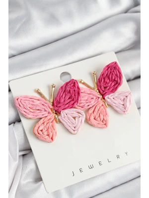 Pirinç Pembe Kelebek Model Gold Renk Kadın Hasır Küpe
