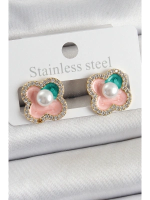 Pirinç Pembe Mineli İnci Detaylı Zirkon Taşlı Sanatsal Portre Yonca Model Gold Renk Kadın Küpe