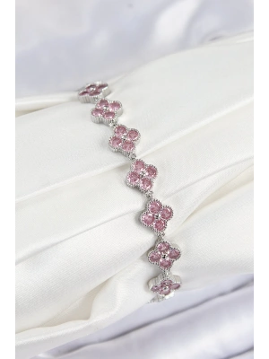 Pirinç Pembe Zirkon Taşlı Yonca Model Gümüş Renk VIP Seri Kadın Bileklik